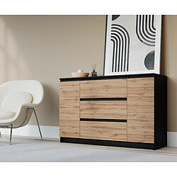 3XELIVING Commode : Noir Mat / Chêne Wotan, 120 x 78 x 39 cm, 2 portes, 3 tiroirs
