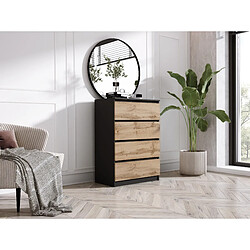 3XELIVING Commode 4 tiroirs, Noir Mat / Chêne Wotan, 70 x 39 x 101 cm