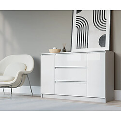 3XELIVING Commode : Blanc Mat / Blanc Brillant, 120 x 39 x 78 cm, 2 portes, 3 tiroirs