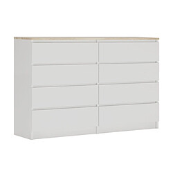 3XELIVING Commode 8 tiroirs : Blanc Mat / Chêne Sonoma Top, 138 x 39 x 101 cm
