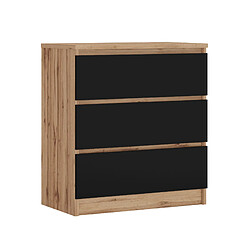 3XELIVING Commode 3 Tiroirs : Chêne Wotan / Noir Mat, 70 x 39 x 79 cm