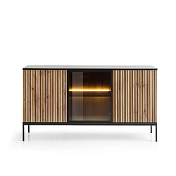 3XELIVING Commode large moderne avec portes et façade cannelée 154x83x39 cm, Noir / Chêne Wotan