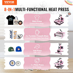 Vevor Presse a Chaud 5-en-1 Plateau 30x38 cm, Machine de Sublimation Textile avec Presse a Tasses de 89 cL, Pivotant a 360°, Controle Numerique Precis, DIY T-shirts/Chapeaux/Tasses/Assiettes, Rose