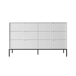 3XELIVING Commode : 6 Tiroirs, Blanc, Pieds Noirs, 154 x 39 x 83 cm, poignées dorées