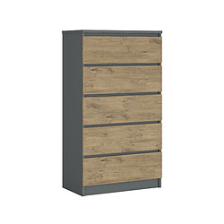 3XELIVING Commode 5 Tiroirs : Anthracite / Chêne Lancelot, 70 x 39 x 125 cm
