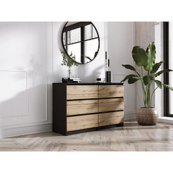 3XELIVING Commode 6 Tiroirs : Noir Mat / Chêne Wotan, 120 x 39 x 79 cm