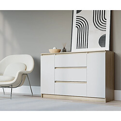 3XELIVING Commode : Chêne Sonoma / Blanc Mat, 120 x 39 x 78 cm, 2 portes, 3 tiroirs