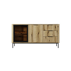3XELIVING Commode : 3 Tiroirs, 2 Portes, Chêne Évoque, Pieds Noirs, Éclairage LED, 81,2 X 163,2 X 38 Cm