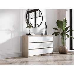 3XELIVING Commode 6 Tiroirs : Chêne Sonoma / Blanc Mat, 120 x 39 x 79 cm