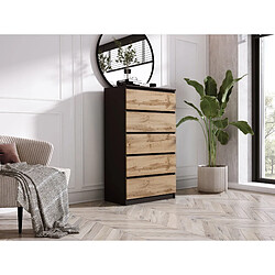 3XELIVING Commode 5 Tiroirs, Noir Mat / Chêne Wotan, 70 x 39 x 125 cm