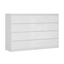 3XELIVING Commode 8 tiroirs : Blanc Mat / Blanc Brillant, 138 x 39 x 101 cm
