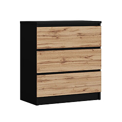 3XELIVING Commode 3 Tiroirs : Noir Mat / Chêne Wotan, 70 x 39 x 79 cm