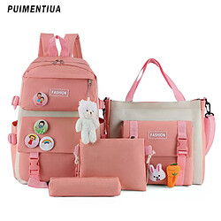 General Ensemble de 4 sacs à dos pour femmes (collection 2023), sacs de lycée en nylon style kawaii, sacs à livres tendance pour femmes avec pendentif en peluche mignon~01279