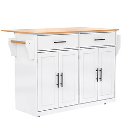 DZMDIP Desserte de cuisine avec Plateau Rabattable - Îlot de Cuisine Mobile - 2 Grands Tiroirs - Double Portes et Porte-Serviettes - Blanc