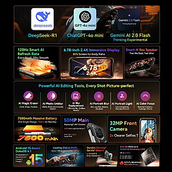 Smartphone robuste Oscal PILOT 3 5G 12 Go + 256 Go, écran de 6,78 pouces, appareil photo 50 MP, batterie 7500 mAh, NFC,noir