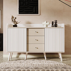 DZMDIP Buffet bas Meuble de rangement avec 3 tiroirs et 2 portes coulissantes, pour chambre et salon, Bois blanc-beige, 117.5 x 40 x 80 cm