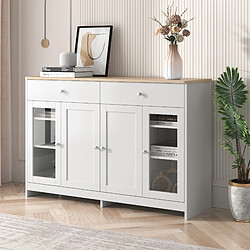 DZMDIP Buffet bahut Armoire moderne - 4 portes 2 tiroirs - Portes en verre - Blanc