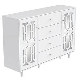 DZMDIP Buffet bas miroir blanc avec 2 Portes et 4 tiroirs, pour salon, salle à manger, Contemporain, 147,5 x 40 x 102cm