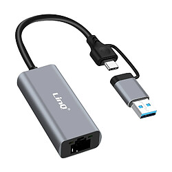 LinQ Adaptateur Ethernet RJ45 1Gbps vers USB-C Et USB Plug And Play Noir