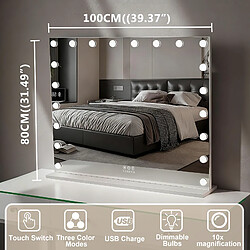 FENCHILIN Miroir de maquillage hollywood coiffeuse mural avec lumière 100 x 80 cm - Port de charge USB pour les téléphones pas cher