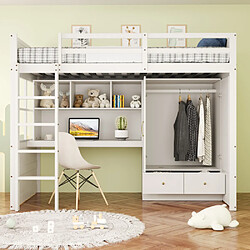 modfu Lit mezzanine 90x200 cm avec bureau et armoire, en bois, blanc