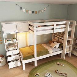 modfu Lit superposé 90x200 cm avec veilleuse et tiroirs, en bois, blanc