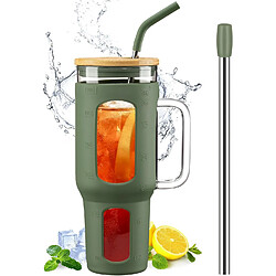 Vendos85 Gobelet 1,4?L avec Poignée, Couvercle Bambou & Pailles vert