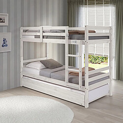 Pegane Lit enfant superposé en pin massif couleur Blanc - Longueur 199 x Hauteur 154 x Profondeur 104 cm