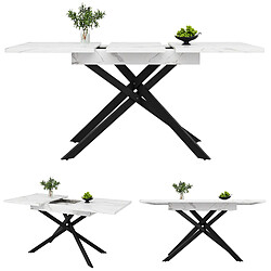 DZMDIP Table à Manger Extensible 120-160x80cm - Pieds Croisés Métal Noir - Mécanisme Télescopique Intelligent - Finition Marbre Blanc
