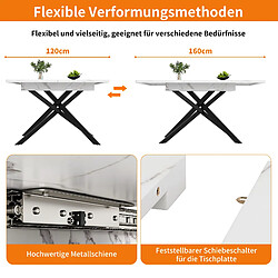 Avis DZMDIP Table à Manger Extensible 120-160x80cm - Pieds Croisés Métal Noir - Mécanisme Télescopique Intelligent - Finition Marbre Blanc