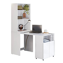 Pegane Bureau rétractable avec bibliothèque et espace de rangement intégrée coloris Blanc - Longueur 175 x Hauteur 136 x Profondeur 69,5 cm
