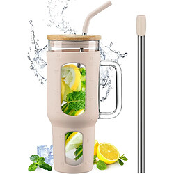 Vendos85 Gobelet 1,4?L avec Poignée, Couvercle Bambou & Pailles ambre