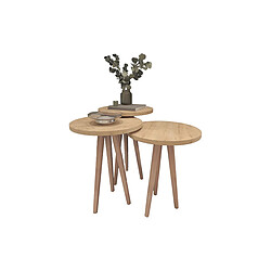 Pegane Ensemble de 3 tables d'appoint rondes coloris Chêne sur pieds - Diamètre 35 cm, Hauteurs différentes : 49, 47 et 45 cm