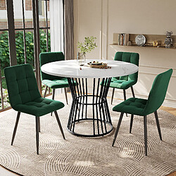 DZMDIP Table à Manger Ronde 100 cm - 4 Chaises Velours Vert - Pieds Métal Noir - MDF Blanc