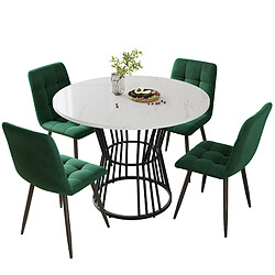 DZMDIP Table à Manger Ronde 100 cm - 4 Chaises Velours Vert - Pieds Métal Noir - MDF Blanc
