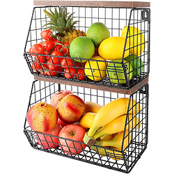 Vendos85 Corbeilles à Fruits Noires avec Couvercle en Bois – Lot de 2