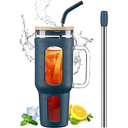 Vendos85 Gobelet 1,4?L avec Poignée, Couvercle Bambou & Pailles bleu foncé