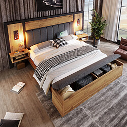 Acheter Blossom Paris Lit capitonné double 180×200, ensemble avec lampe de lecture, table de chevet USB C et banc avec rangement, cadre avec lattes métal et bois, chêne