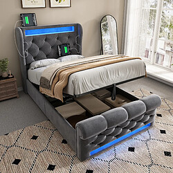 Blossom Paris Lit capitonné moderne simple 90x200cm, LED, tête avec rangement et USB/Type-C, lit hydraulique avec rangement, gris, velours