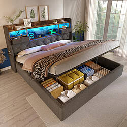 Blossom Paris Lit capitonné 180x200 cm avec rangement hydraulique et tête LED, 4 stations de charge (USB/Type-C), double avec lattes, lin gris