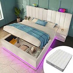 Blossom Paris Lit capitonné 180×200, lit double avec rangement, App Control LED et USB-C, cadre avec lattes, PU, blanc