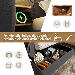 Blossom Paris Lit capitonné double 180×200 avec table de chevet, lampe de lecture et USB Type-C, ensemble lit avec rangement, cadre avec lattes bois et métal, gris, lin pas cher