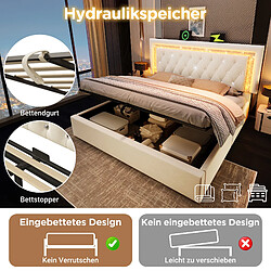Acheter Blossom Paris Lit capitonné double 160x200 cm velours avec bande LED diamant tête, USB et Type-C, coffre hydraulique, jeunesse avec rangement, beige