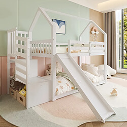 Blossom Paris Lit superposé avec escalier de rangement et toboggan, lit maison, lit enfant avec barrière, adapté aux enfants, adolescents, 90x200cm, blanc