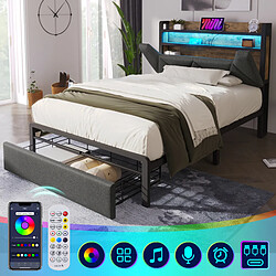Blossom Paris Lit capitonné avec USB Type-C, tête avec rangement, LED et tiroirs, simple 90 x 200 avec rangement, cadre métallique avec lattes, gris pas cher