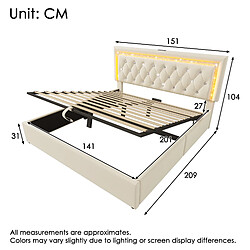 Blossom Paris Lit capitonné double 140x200 cm velours avec bande LED diamant tête, USB et Type-C, rangement hydraulique, jeunesse avec lattes, beige