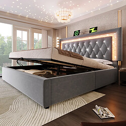 Blossom Paris Lit capitonné double 180x200 cm velours avec bande LED diamant, USB et Type-C, lit hydraulique avec rangement, jeunesse avec lattes, gris