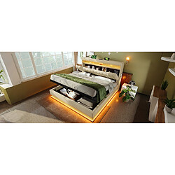 Avis STILVORA Lit rembourré 160×200 cm en lin beige avec LED, tête de lit avec USB/Type-C et coffre hydraulique
