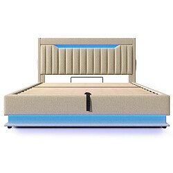 Acheter STILVORA Lit rembourré 160×200 cm en lin beige avec LED, tête de lit avec USB/Type-C et coffre hydraulique
