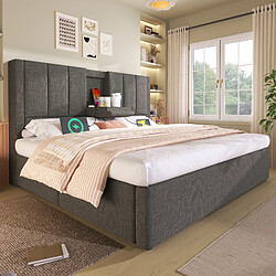 Avis Blossom Paris Lit capitonné 160x200 cm double avec porte-gobelet caché et station de charge, lit hydraulique avec rangement sous le lit, lattes, lin gris